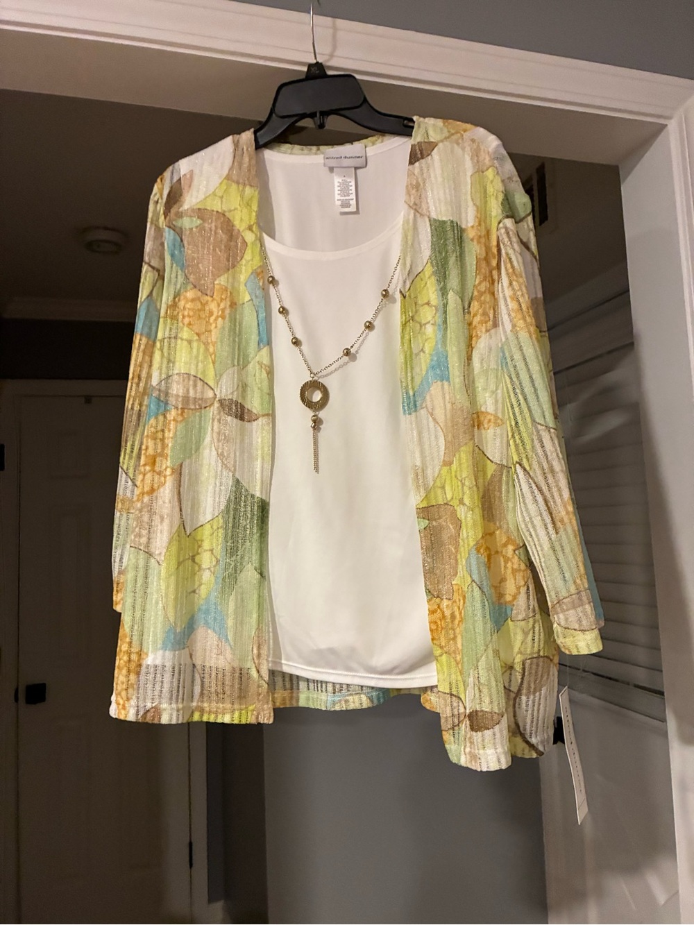 Large Lightweight Green & Yellow Printed Women’s Open Cardigan with White Shell